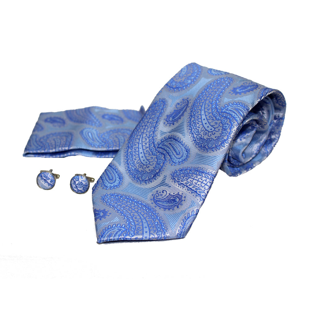 Men's Neck Tie, Pocket Square and Cufflinks Set - Assorted Colors/ Designs - BucheliUSA