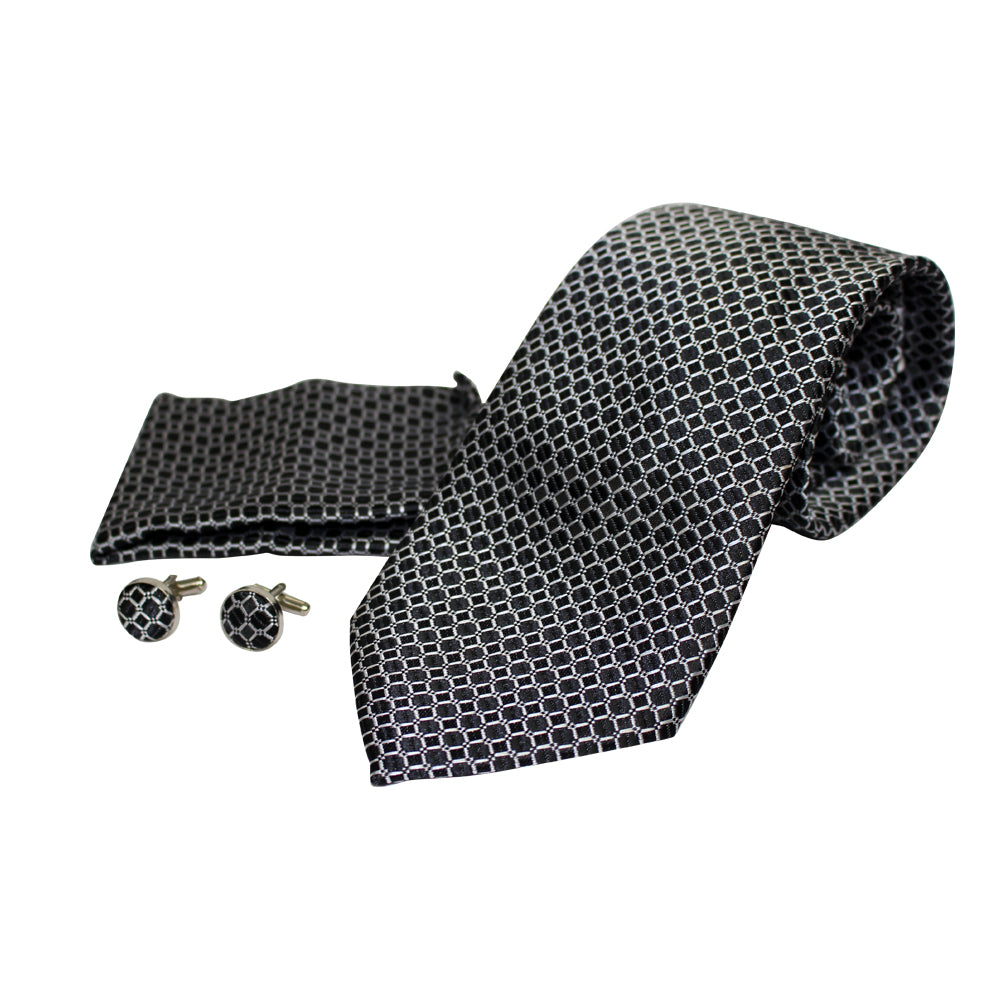 Men's Neck Tie, Pocket Square and Cufflinks Set - Assorted Colors/ Designs - BucheliUSA