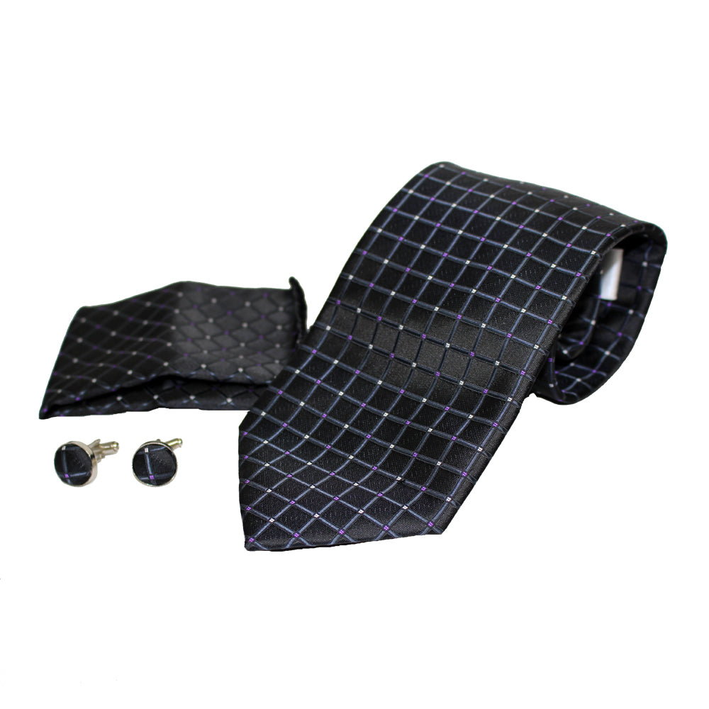 Men's Neck Tie, Pocket Square and Cufflinks Set - Assorted Colors/ Designs - BucheliUSA