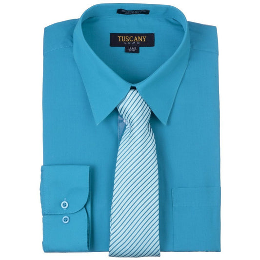 Men's 2-Piece Dress Shirt With Tie Set - TC102 TURQUOISE - BucheliUSA
